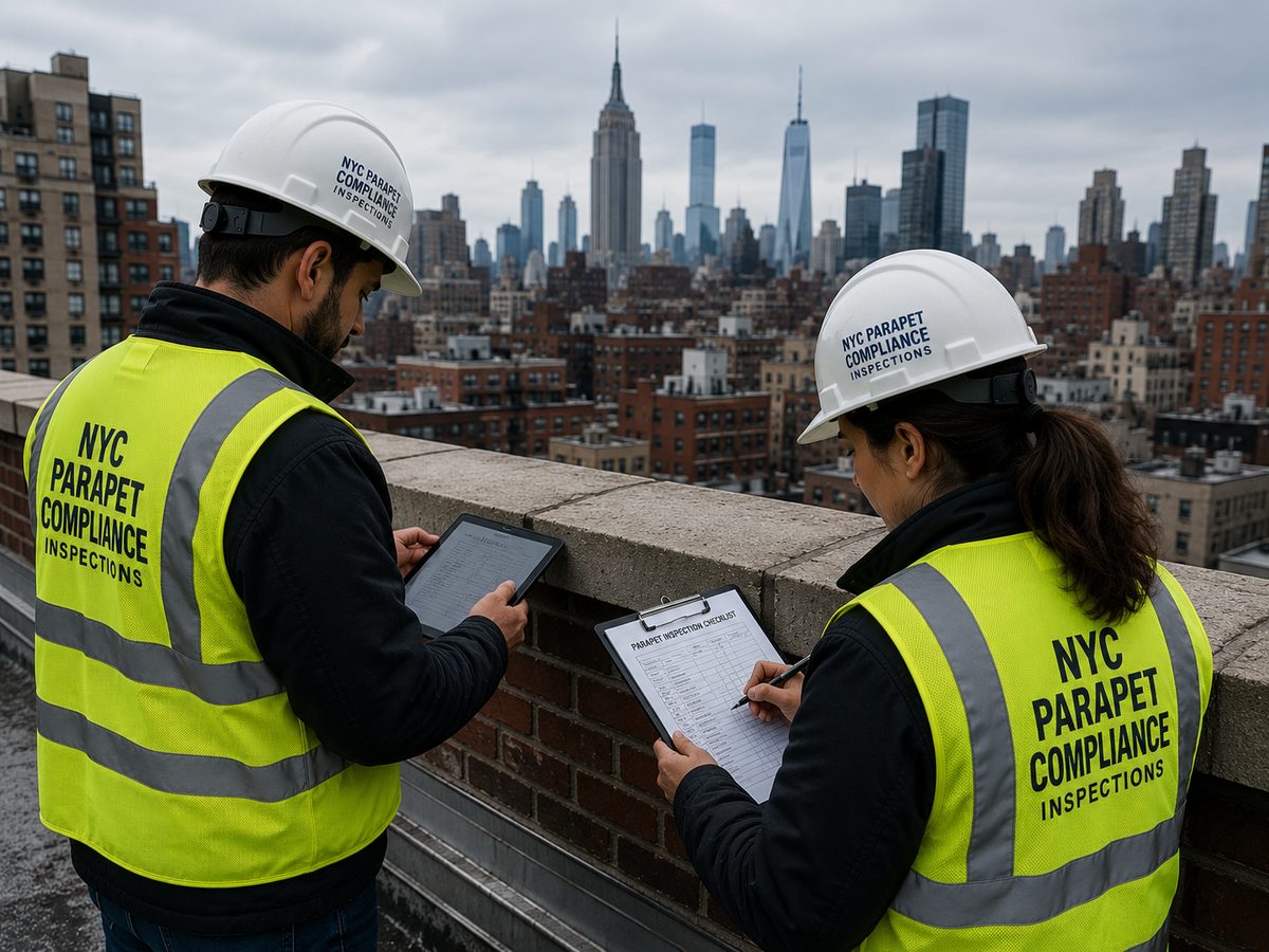NYC Parapet Compliance inspectors reviewing a parapet inspection checklist on a rooftop