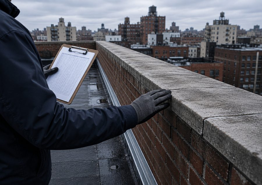 Inspector checking a parapet wall against an inspection checklist